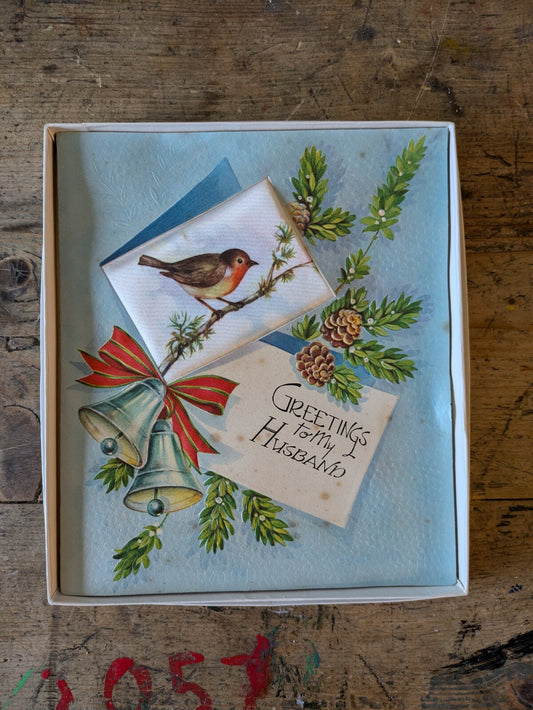 Vintage Maxam 50s Padded Christmas Xmas Greeting Card Fabric Floral Satin Robin 