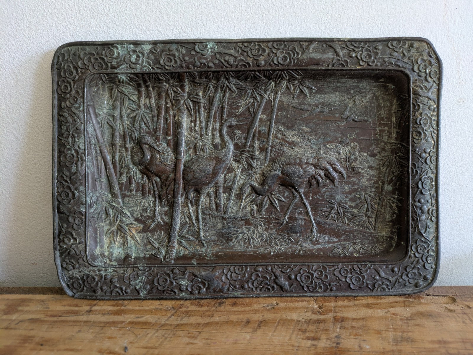 Early 20th Century Oriental Bronze Shallow Dish Heron Cranes Bamboo Tray Plaque