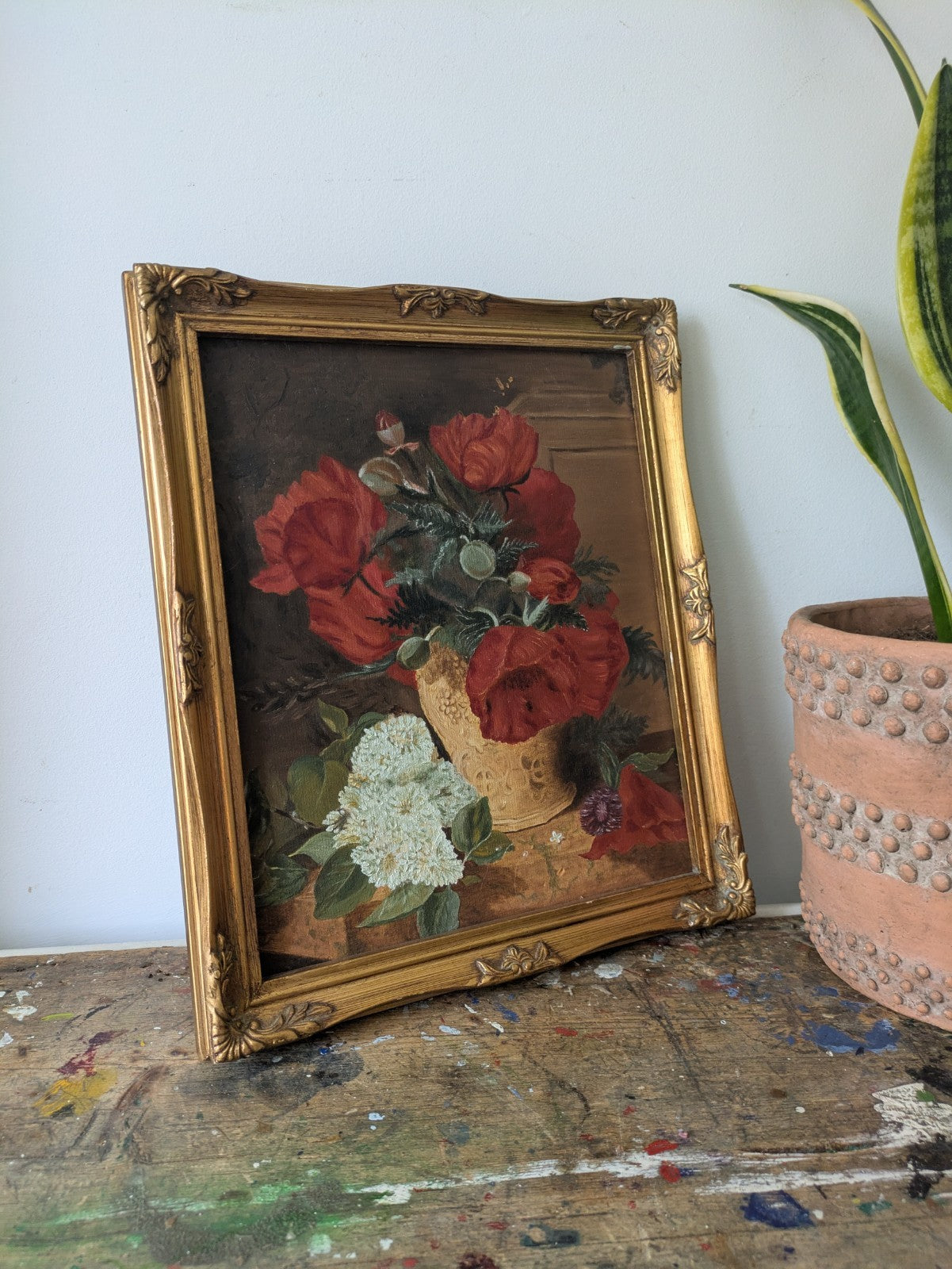 Vintage Still Life Painting Flowers Poppy Floral Bouquet Vase Red Framed Vgc Old