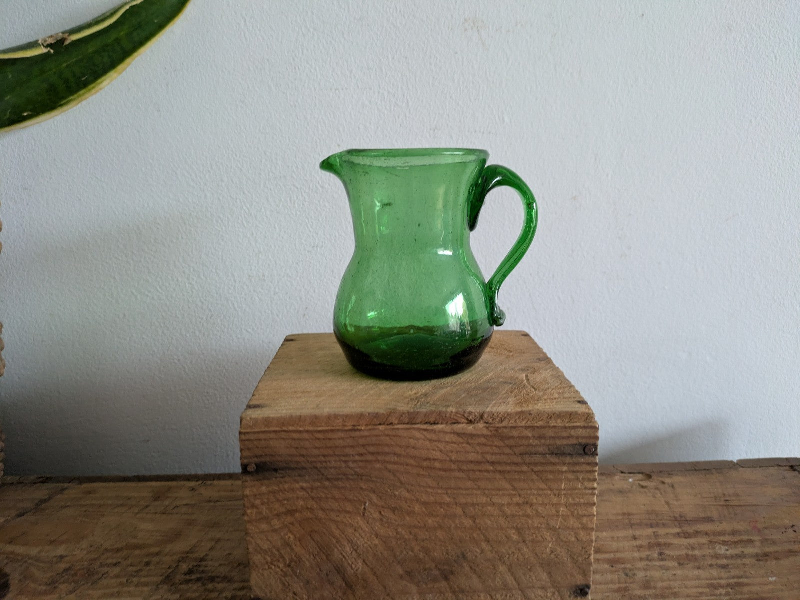 Vintage Emerald Green Bubble Glass Pitcher Jug Vase Hand blown Small Retro Vgc