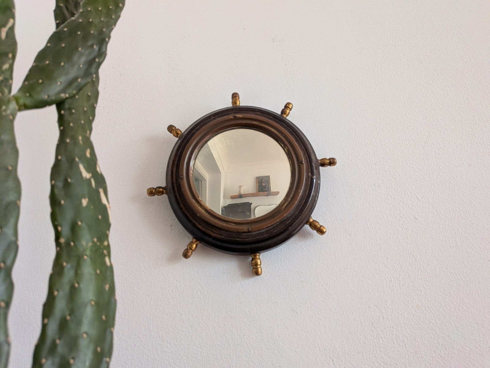 Antique Porthole Maritime Mirror Solid Oak Small Ships Wheel Nautical 1920s Vtg!