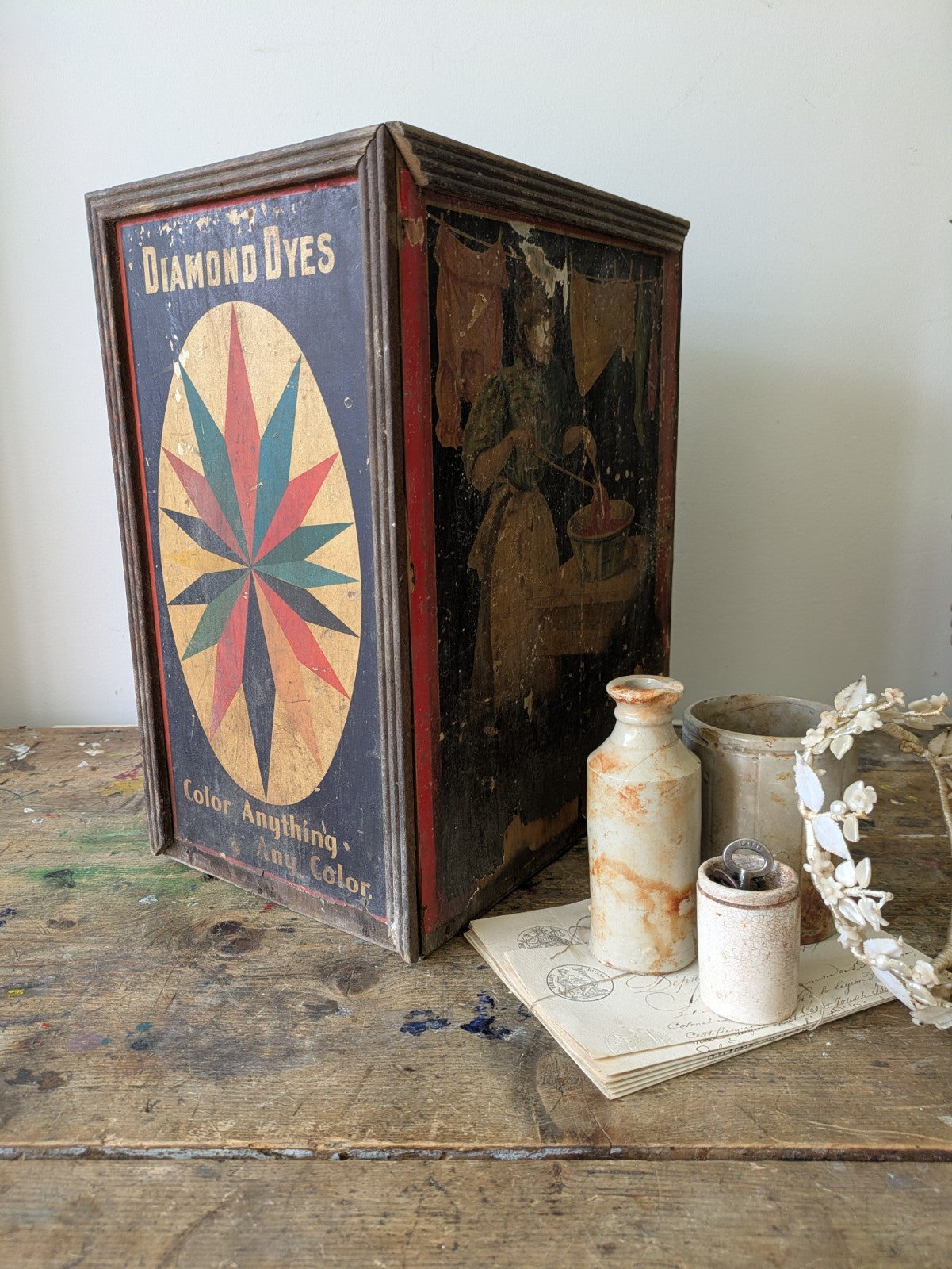 Antique Shop Diamond Dyes Display Cabinet Fitting Drawer Unit Advertising Vtg 