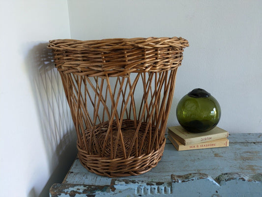 Honey Rattan Round Wicker Waste Paper Basket Woven Log Wood Storage Vintage Bin 