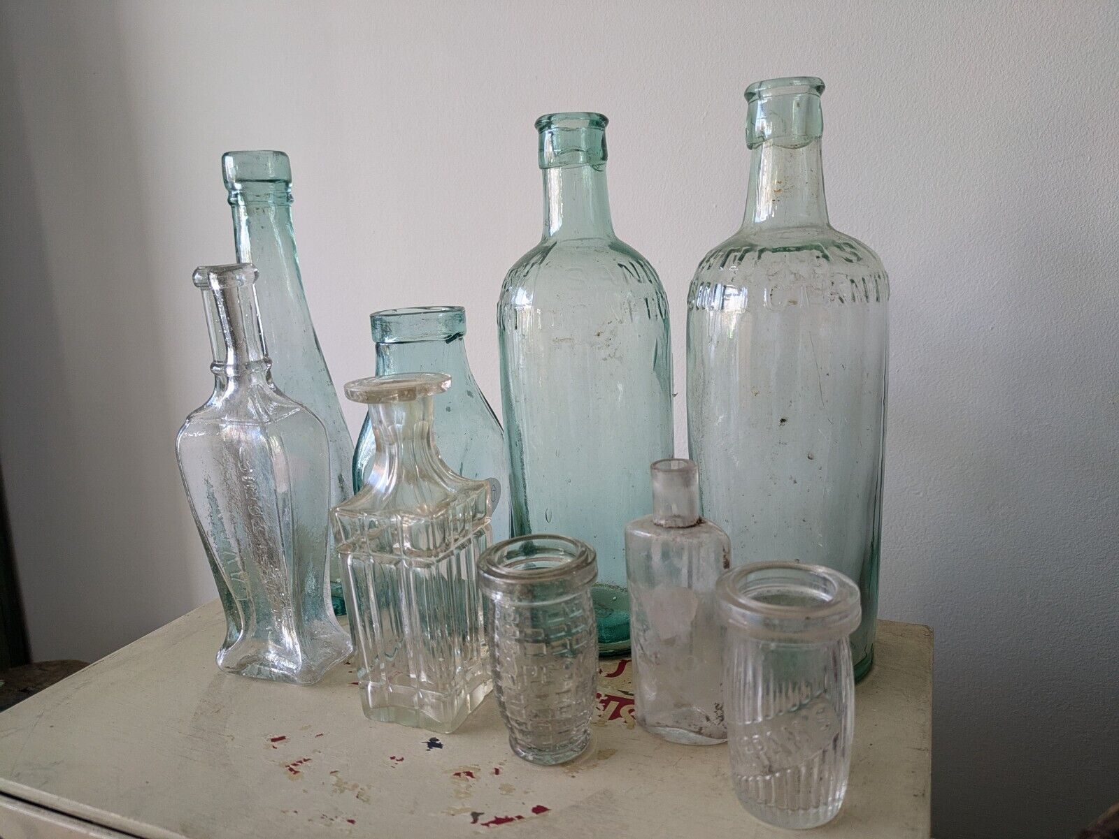 9x XL Antique Vintage Glass Bottles vase original apothecary teal disinfectant 