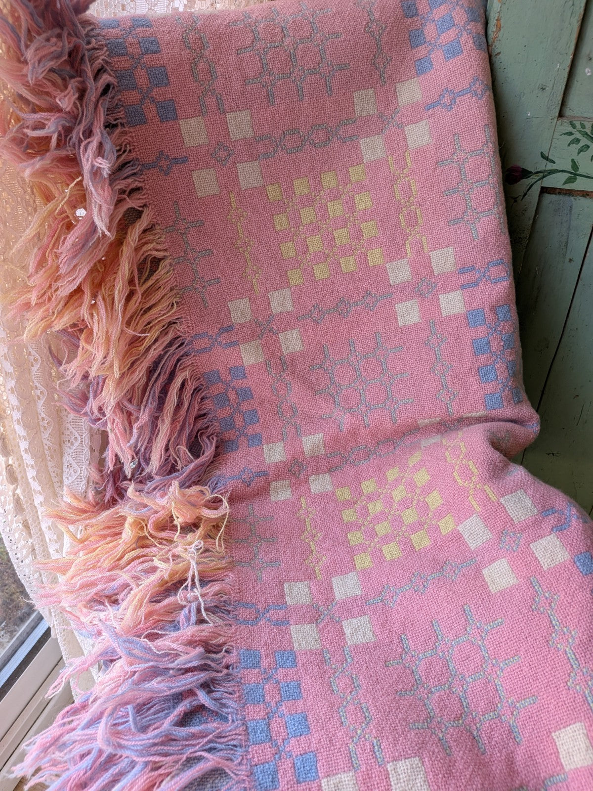 Welsh Wool Tapestry Blanket Throw Pink Blue Reversible Double 227cm x 156cm Vtg