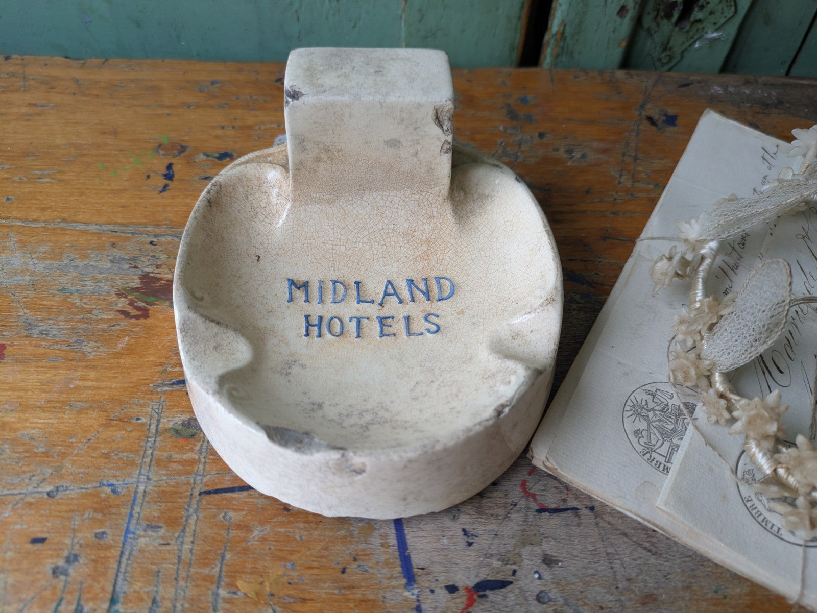 Antique Midland Hotels Ironstone Match Striker Ashtray Crazed Advertising Rare 