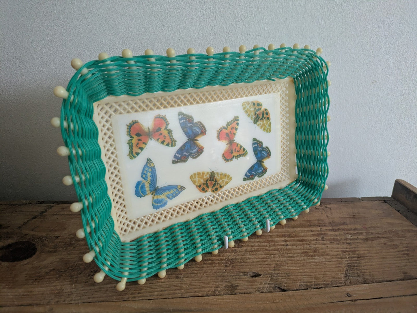 Retro Green and White Butterfly Tray with Plastic Woven Edge Greece Kitsch Prop 