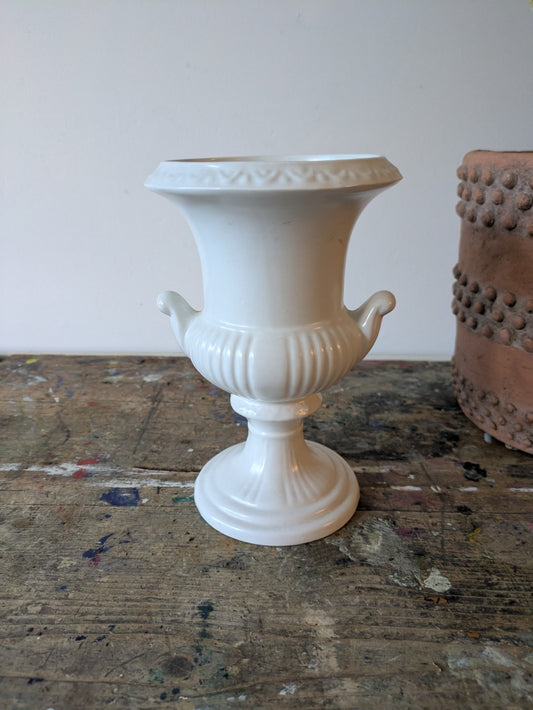 Vintage Dartmouth Potteries White Classical Ribbed Handled Rose Bowl Urn Vase