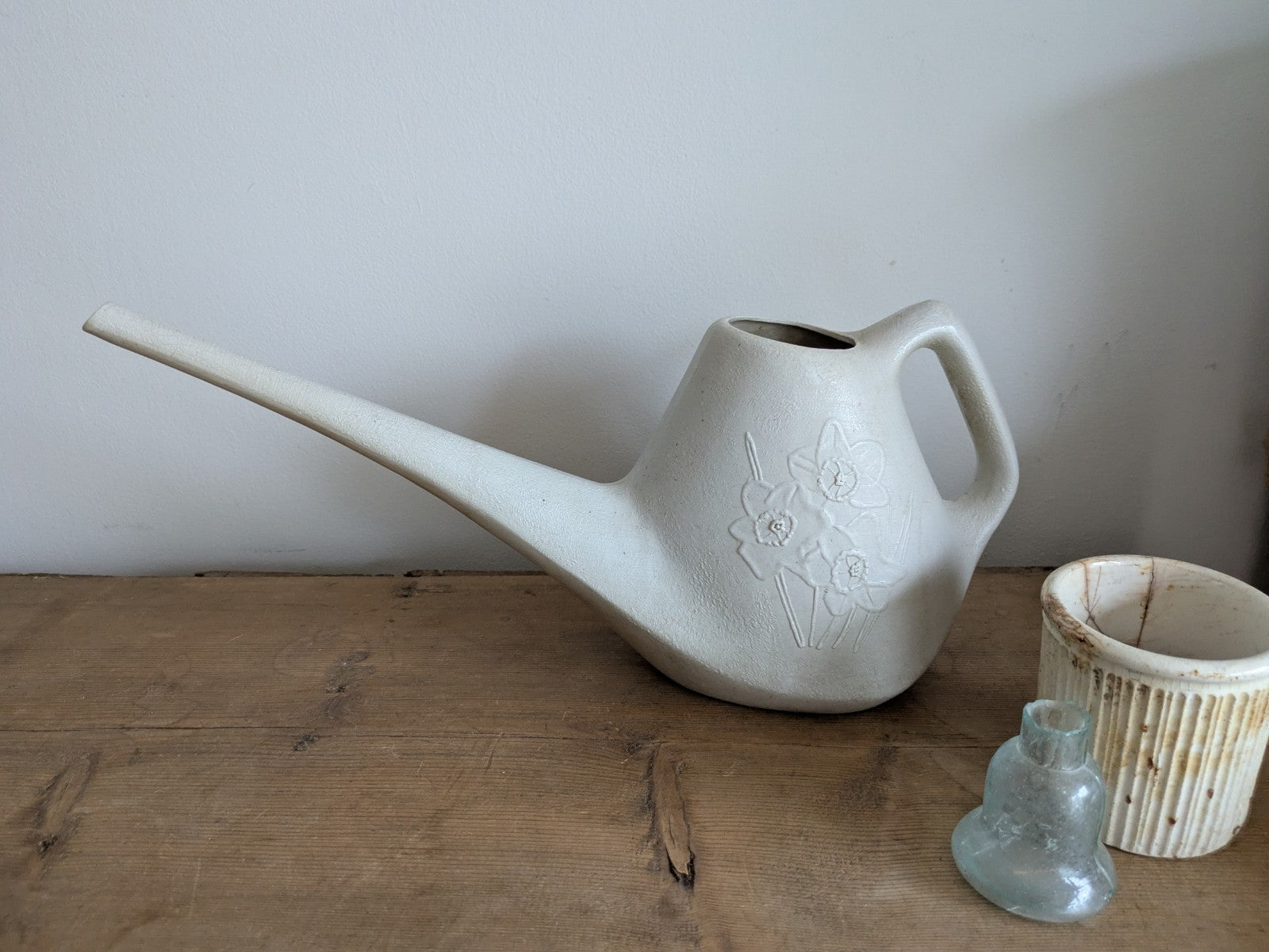 Vintage White Plastic Watering Can MCM Daffodils Spring House Plants Retro Prop