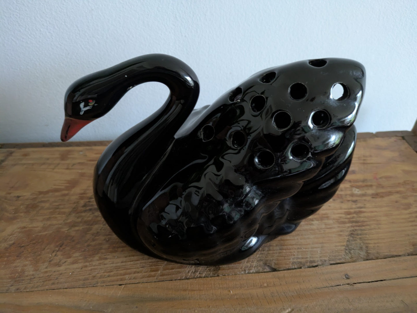 Large Black Swan Flower Vase Mantle Ornament Vintage Ceramic Centrepiece