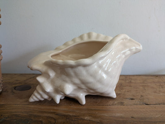 Vintage White Pottery Conch Shell Planter Ceramic Crazed Nautical Beach Old Prop