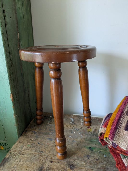French Rustic Bullseye Stool With Bobbin Screw On Legs Tripod Seat Wooden Vintag