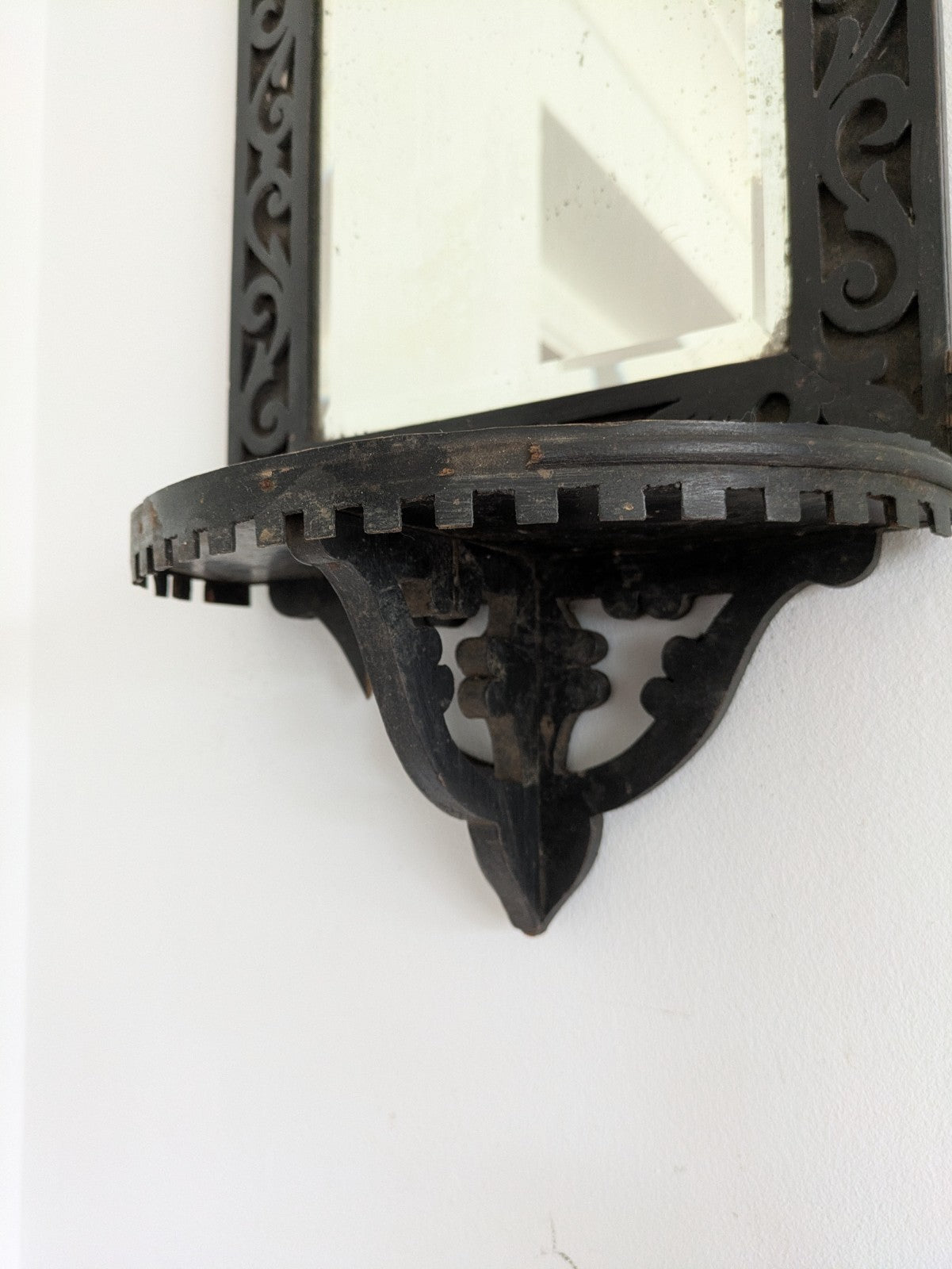 Antique 19th Cent Victorian Ebonised Wood Wall Sconce Mirror Glass Candle Shelf