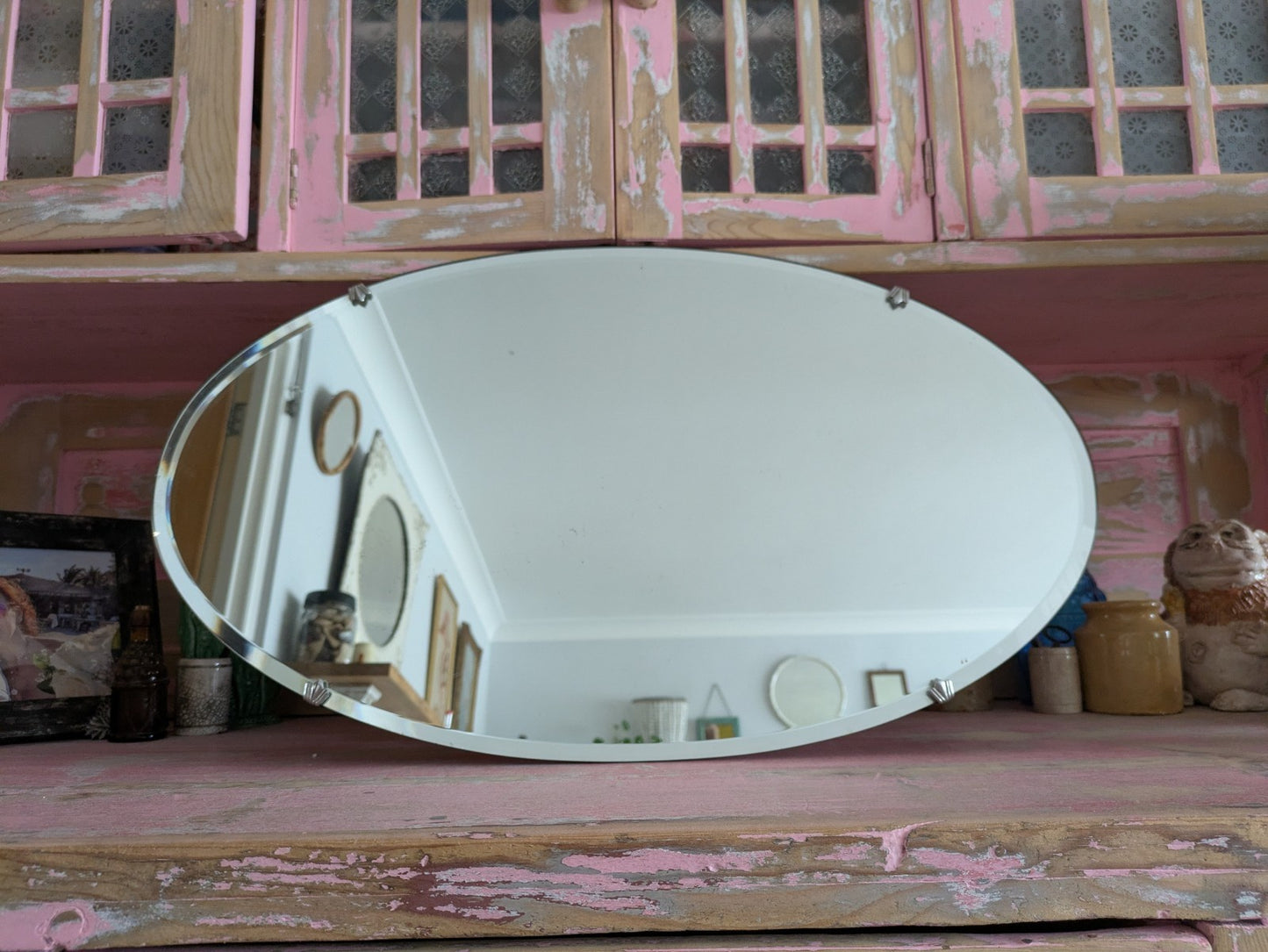 Art Deco Bevel Edge Wall Mirror Frameless & Chain Bevel Edge Oval Vintage Large 