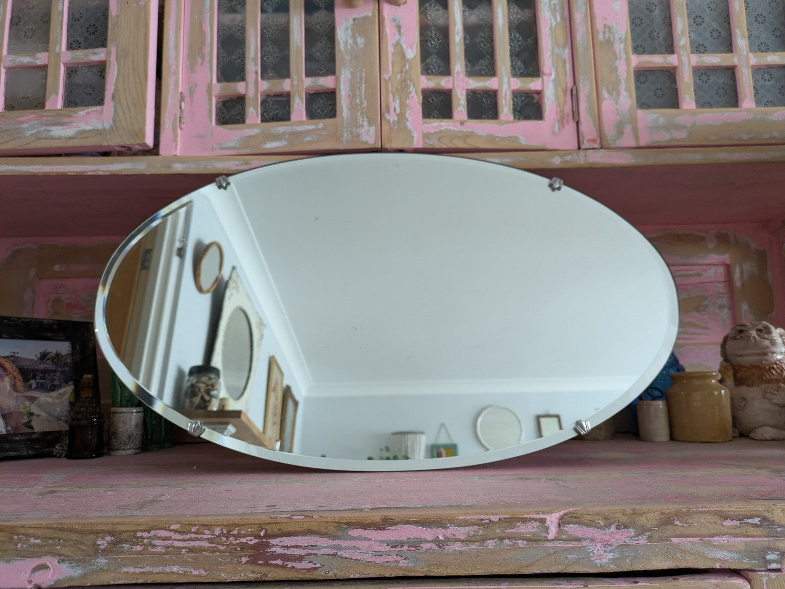 Art Deco Bevel Edge Wall Mirror Frameless & Chain Bevel Edge Oval Vintage Large 