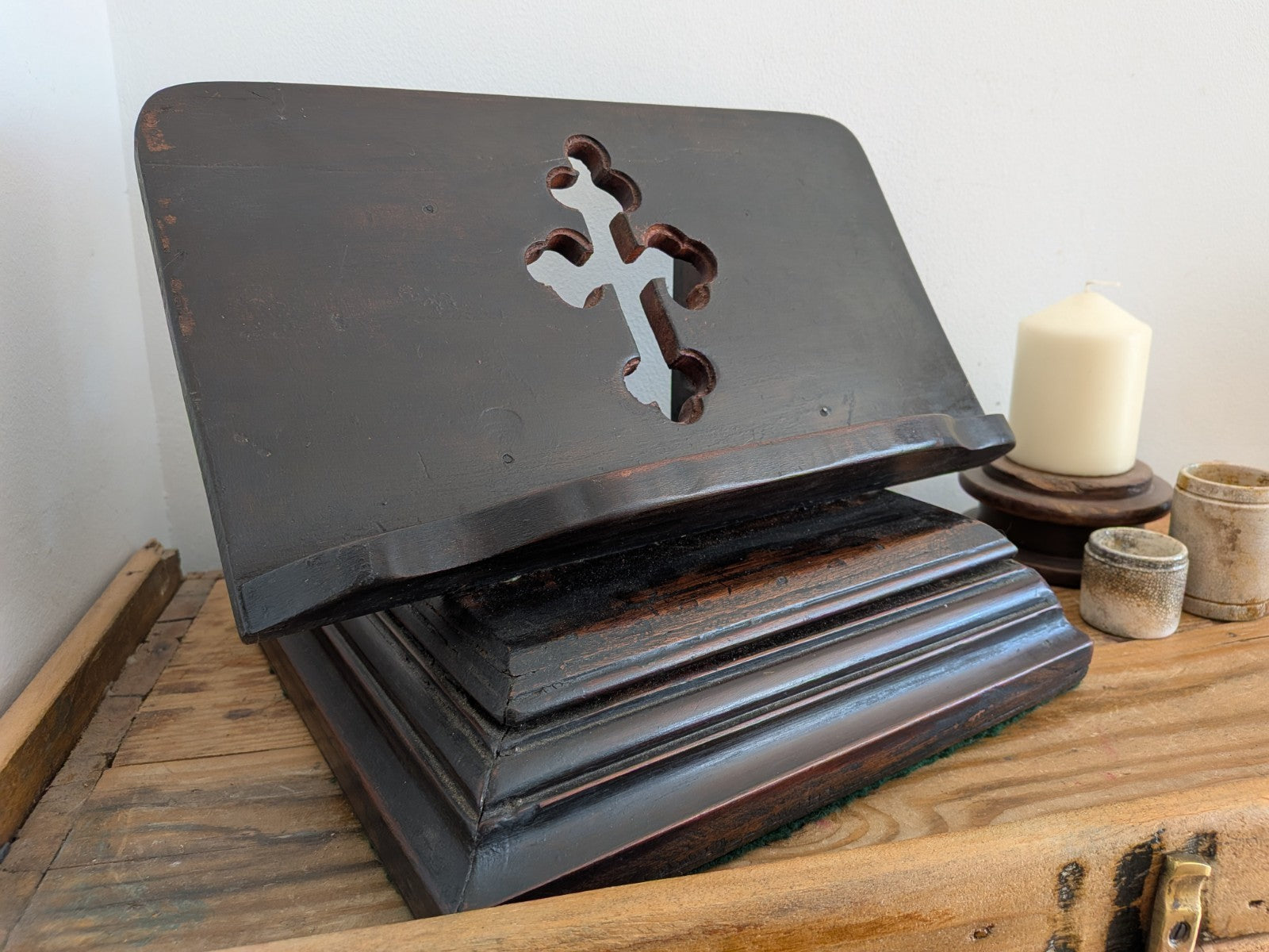 Antique Wood Carved Bible Stand  Lectern Religious Crucifix Book Rest Missal Vtg