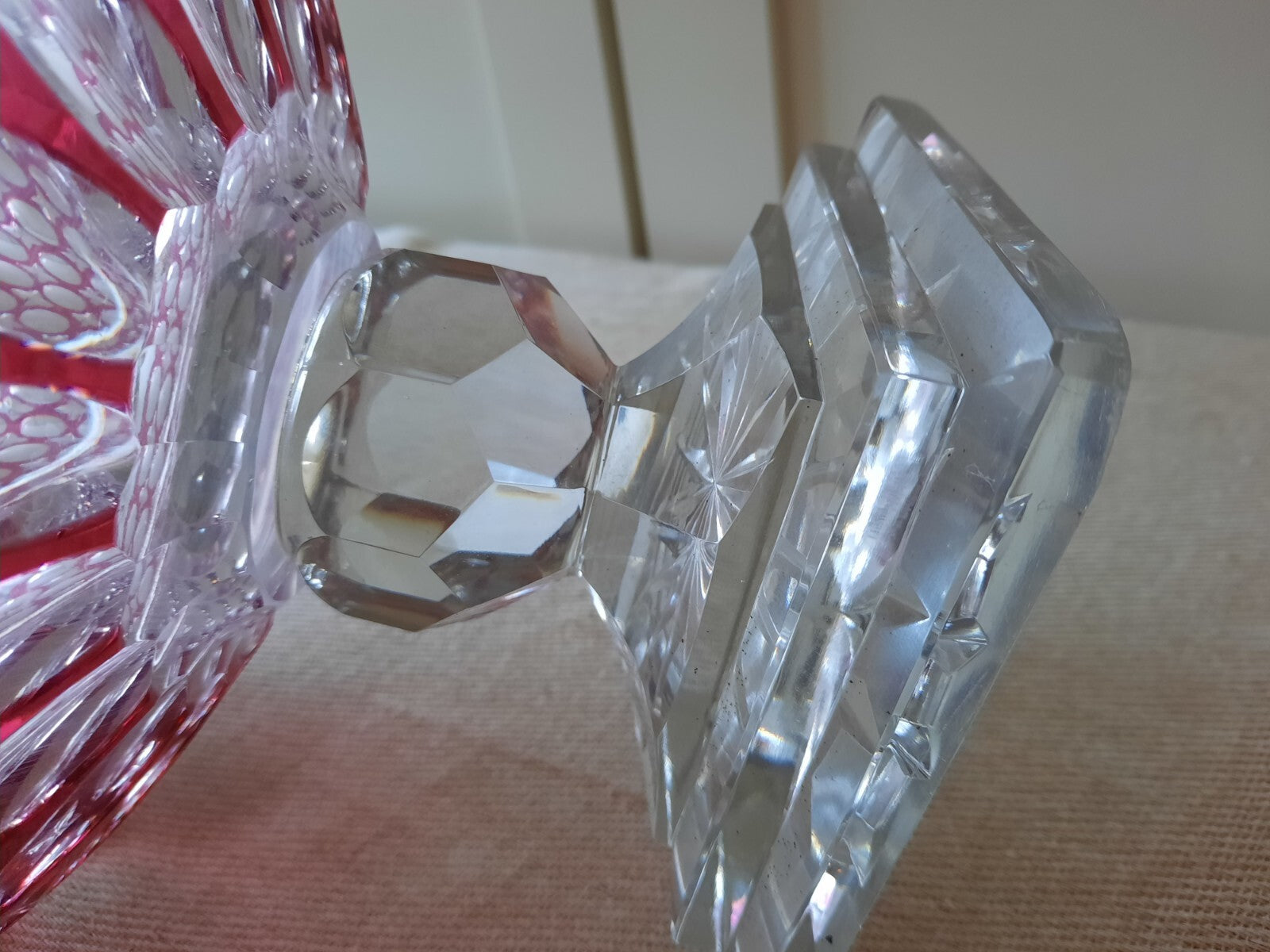 ANTIQUE Vintage Bohemian Cut Clear RUBY CRANBERRY Footed Glass Bowl Pedestal lrg