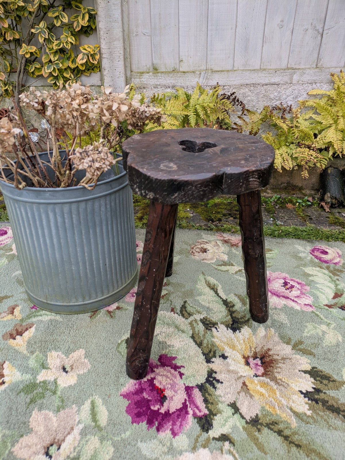 Vtg Hand Carved Stool Campaign Brutalist Screw Leg Wooden Milking Tripod Seat