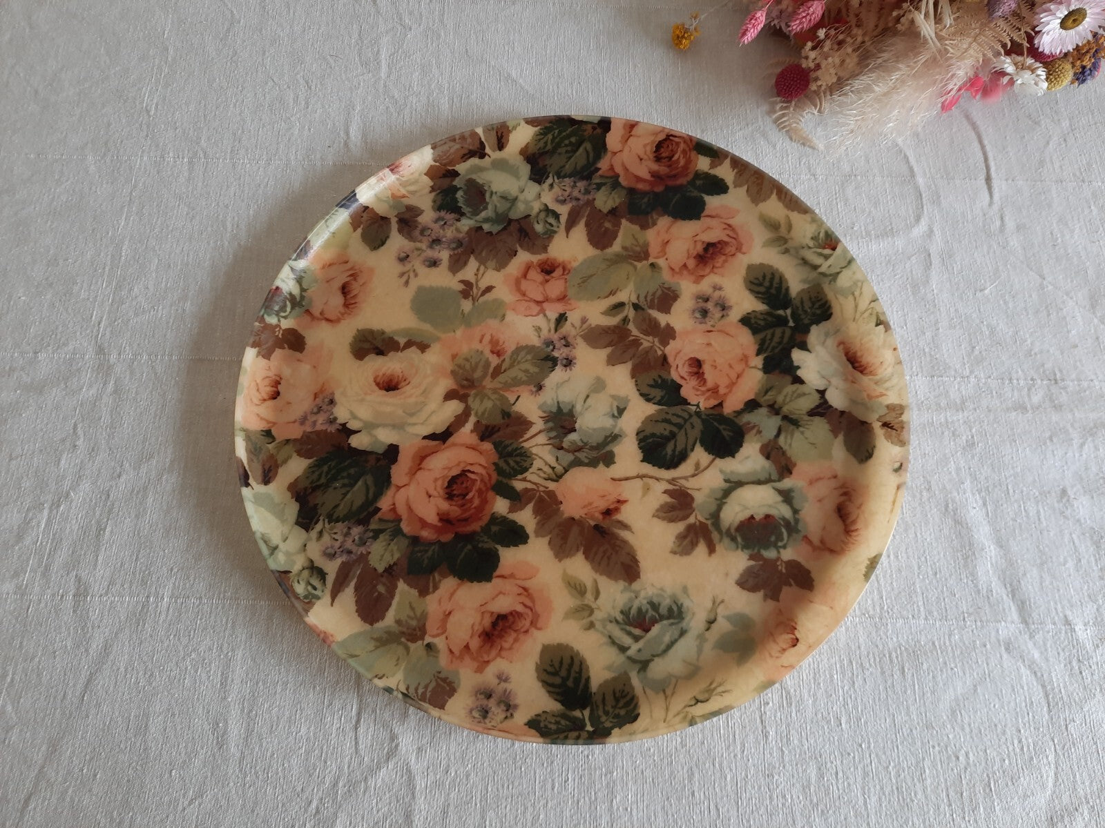 Vintage Cabbage Rose Tray Floral Fiberglass Round Dinner Serving Kitchen Tea Old