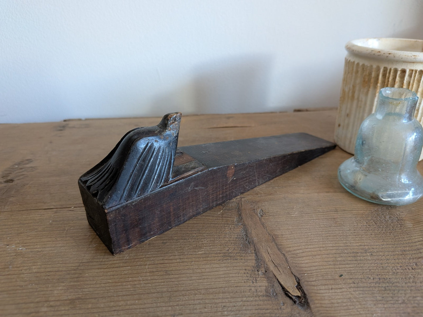 Antique Carved Bird Doorstop Primitive Wood Wedge Eagle Hawk Folk Art Phoenix 