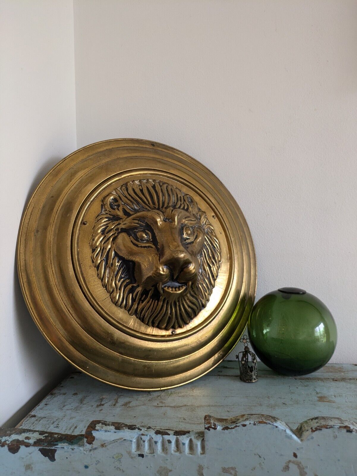 Antique Reclaim 19th C Large Brass Lion Head Plaque Wall Convex Circular 3D Vtg