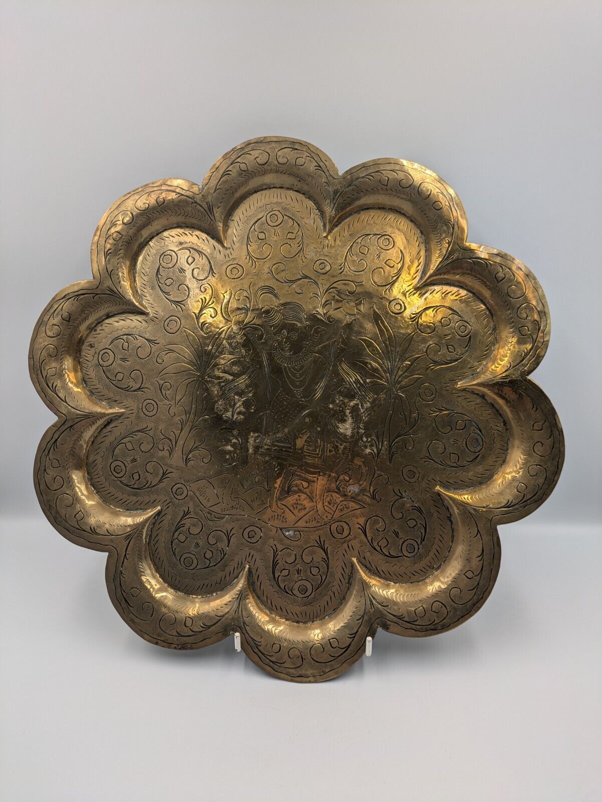 Antique Indian Hindu God Shiva Carved Plate Floral Carved Brass plate Tray Naga 