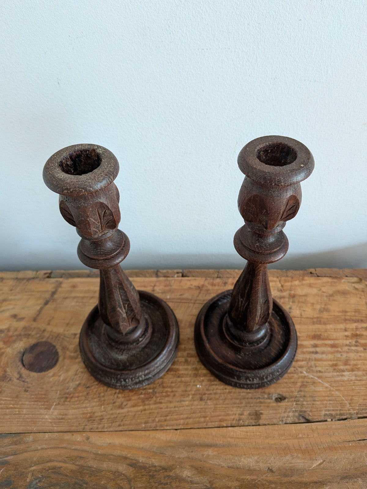 Vintage Antique Stump Oak Candlestick Holders Pair Hand Carved Candle 1930s Deco