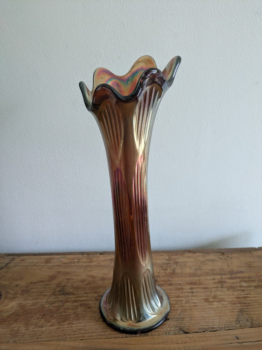 Vintage FENTON 29.4cm H Amethyst Iridescent GLASS Frilled Rim VASE Diamond Rib
