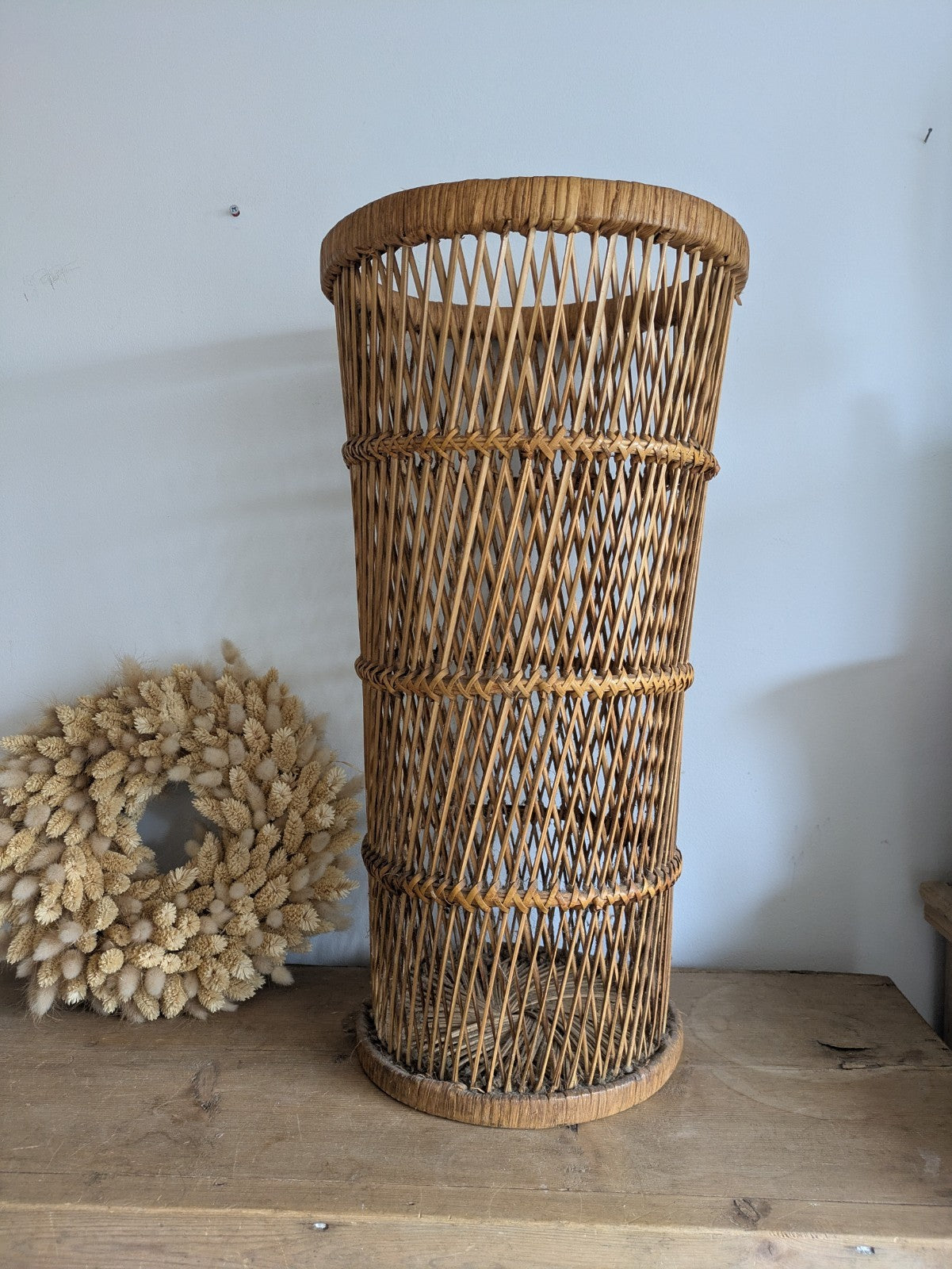 Vintage Tall Woven Wicker Rattan Boho Umbrella Cane Storage Basket Stand MCM Old