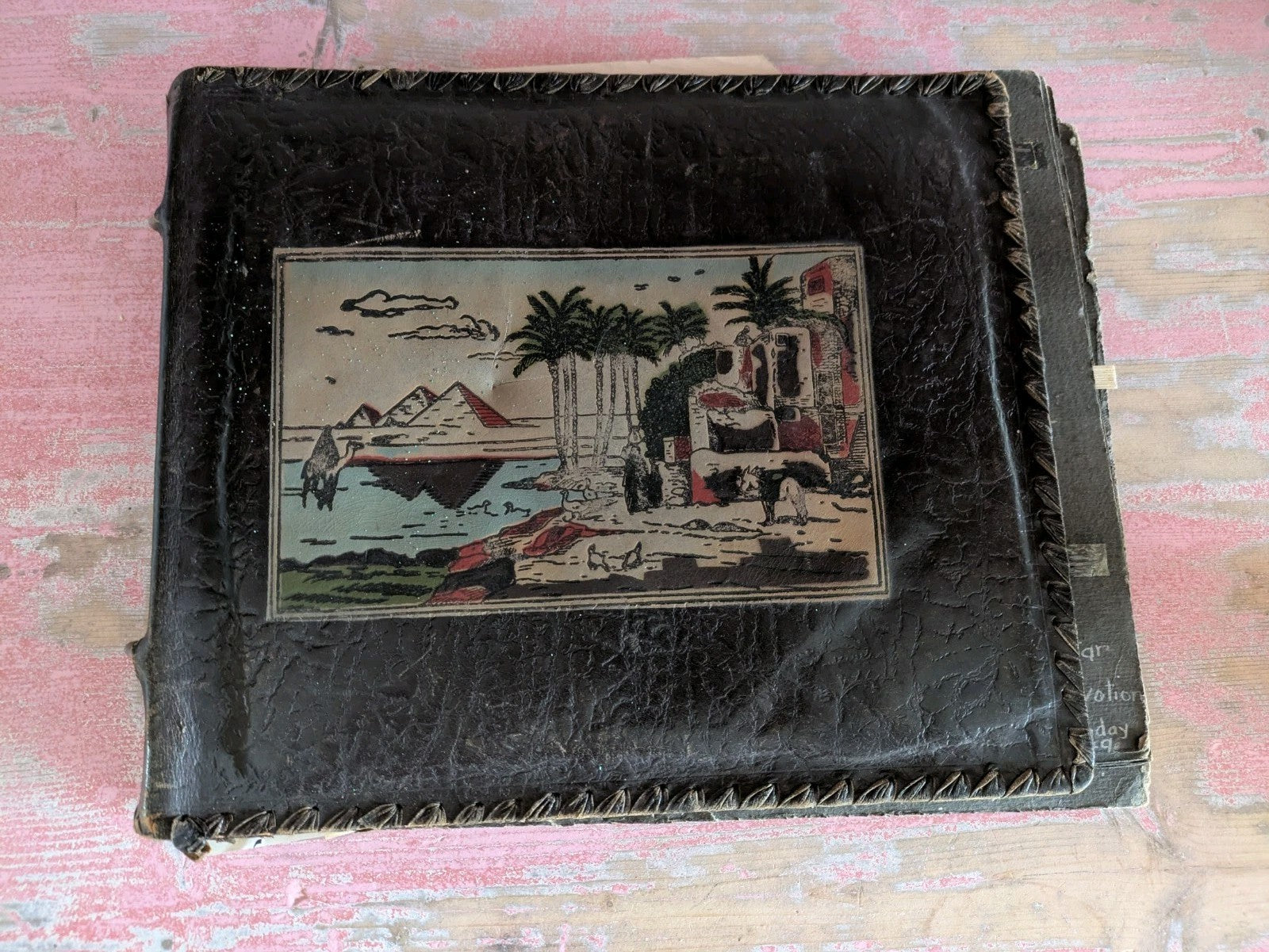Vintage 1940s WW11 Egyptian Leather Brown Large Photo Album Full Ephemera Photos
