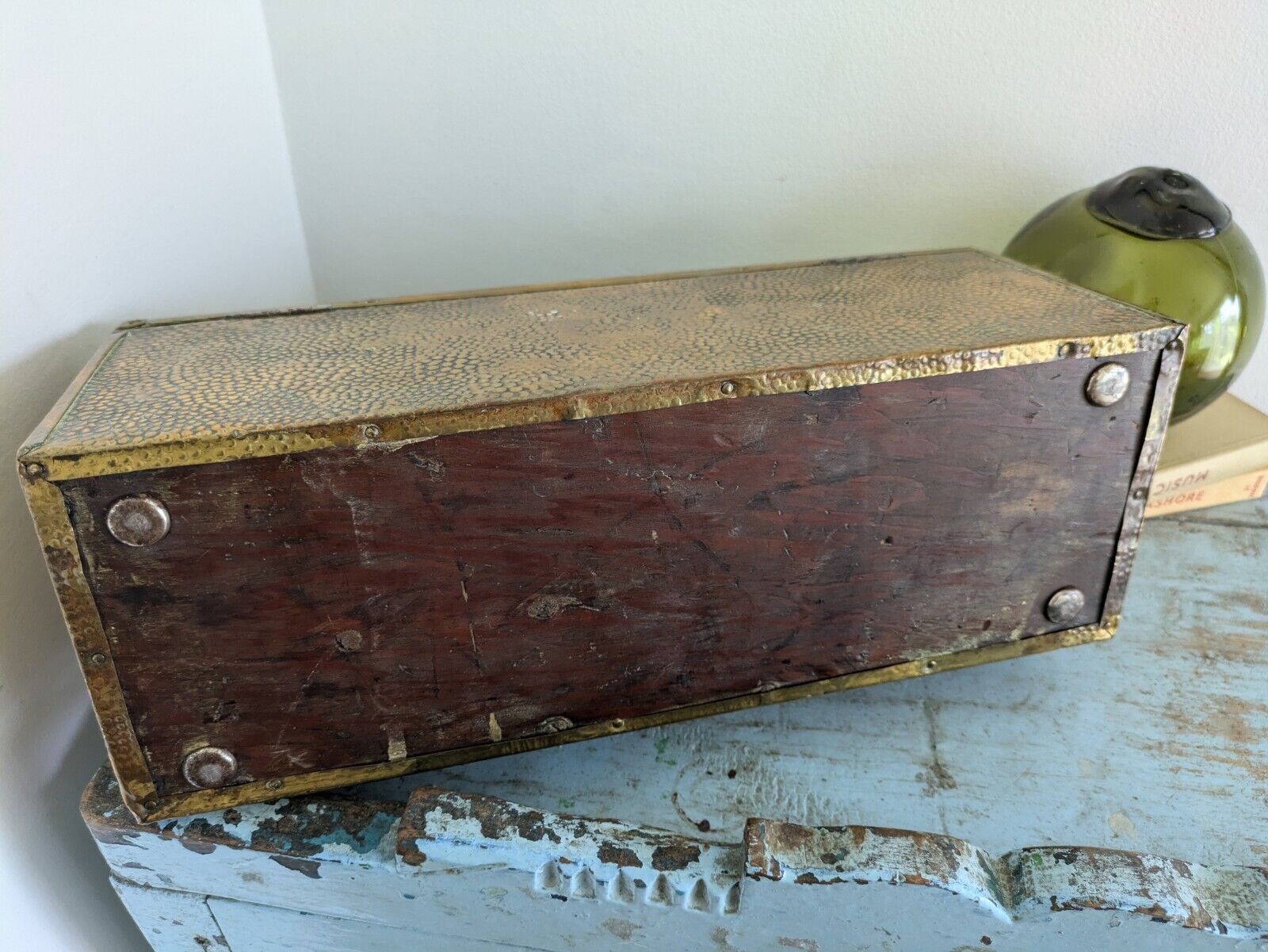 Antique 19th Century Vintage Embossed Brass and Wood Slipper Box Narrow Storage 