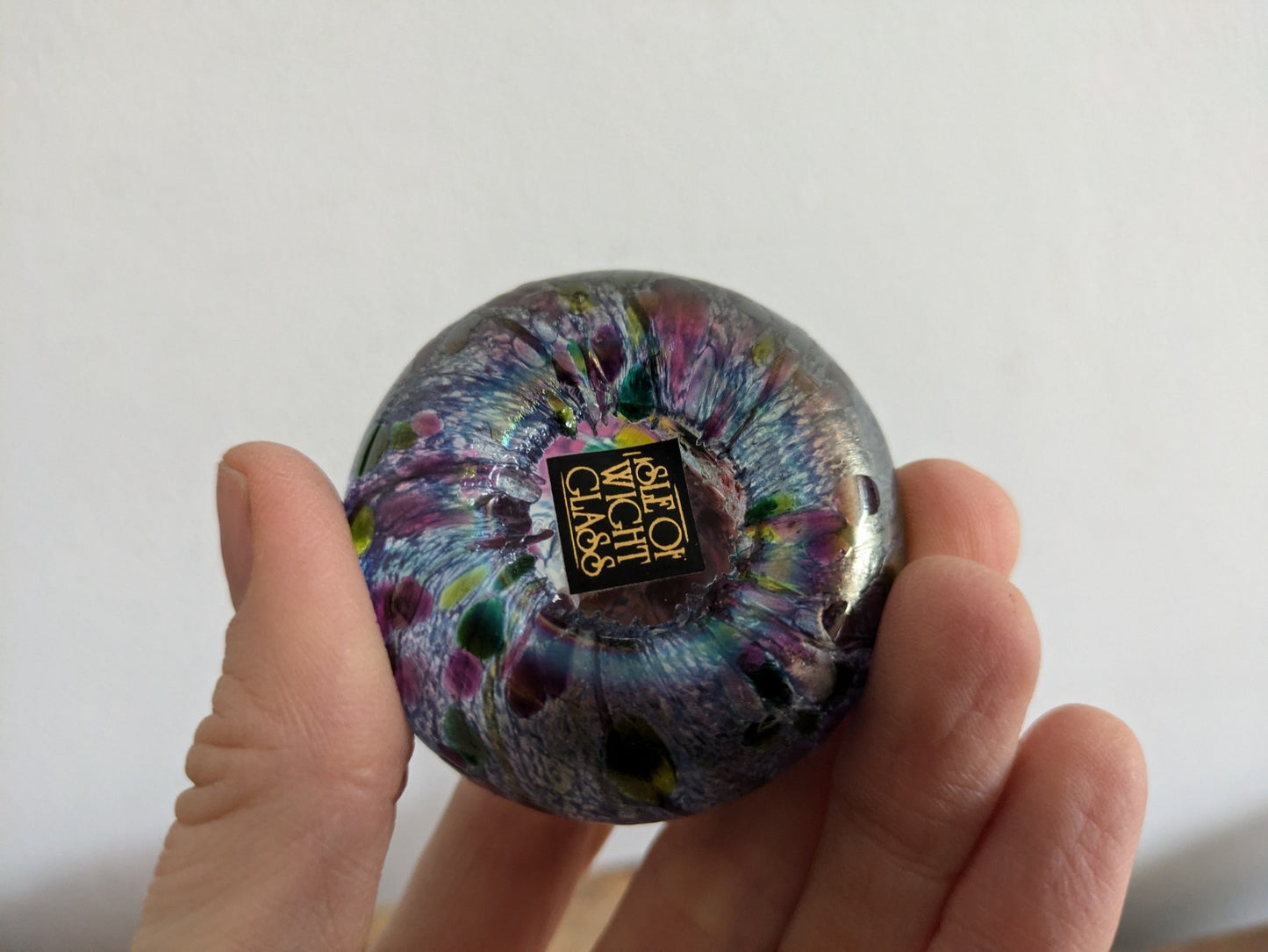 Isle of Wight Studio Purple Speckled Glass Paperweight Vintage Pebble Iridescent