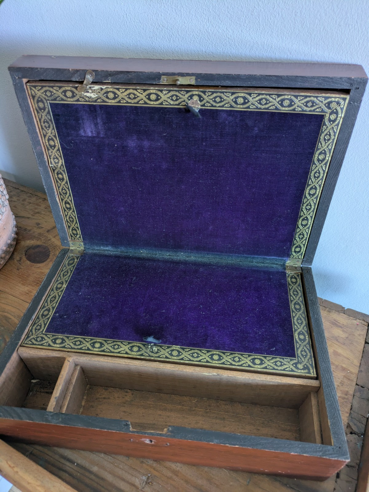 Antique 19th Century English Art Nouveau Campaign Writing Slope Desk Velvet Rare
