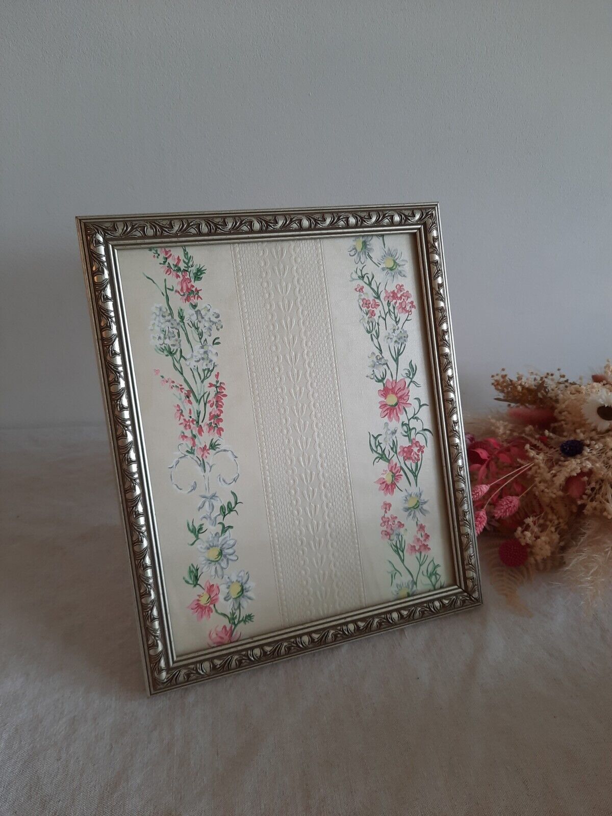 Floral picture Frame Wallpaper Sample gift framed Rare French Vtg Original Silve