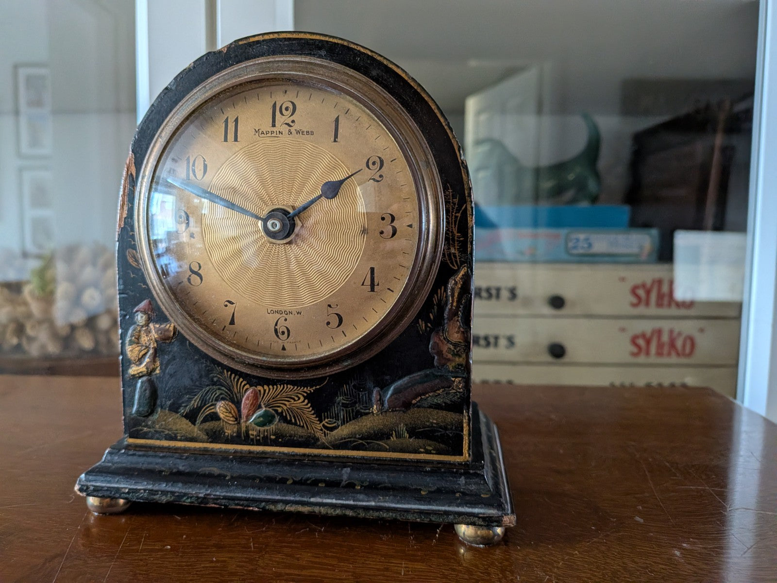 Vintage Antique Mappin And Webb Chinoiserie Chinese Black Lacquered Mantle Clock