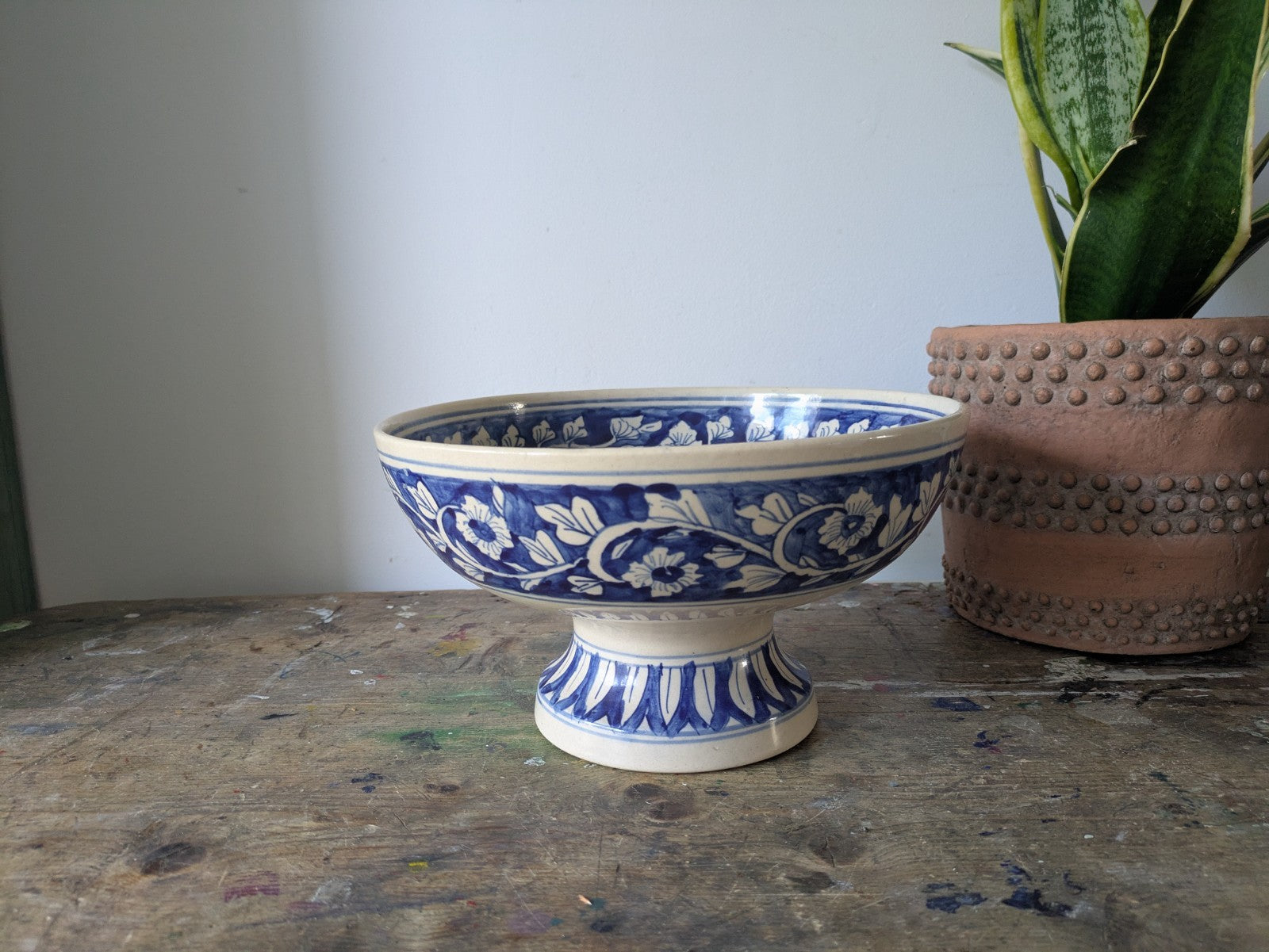 Asian Blue and White Ceramic Fruit Bowl Serving Dish Footed Raised Pedestal Vtg