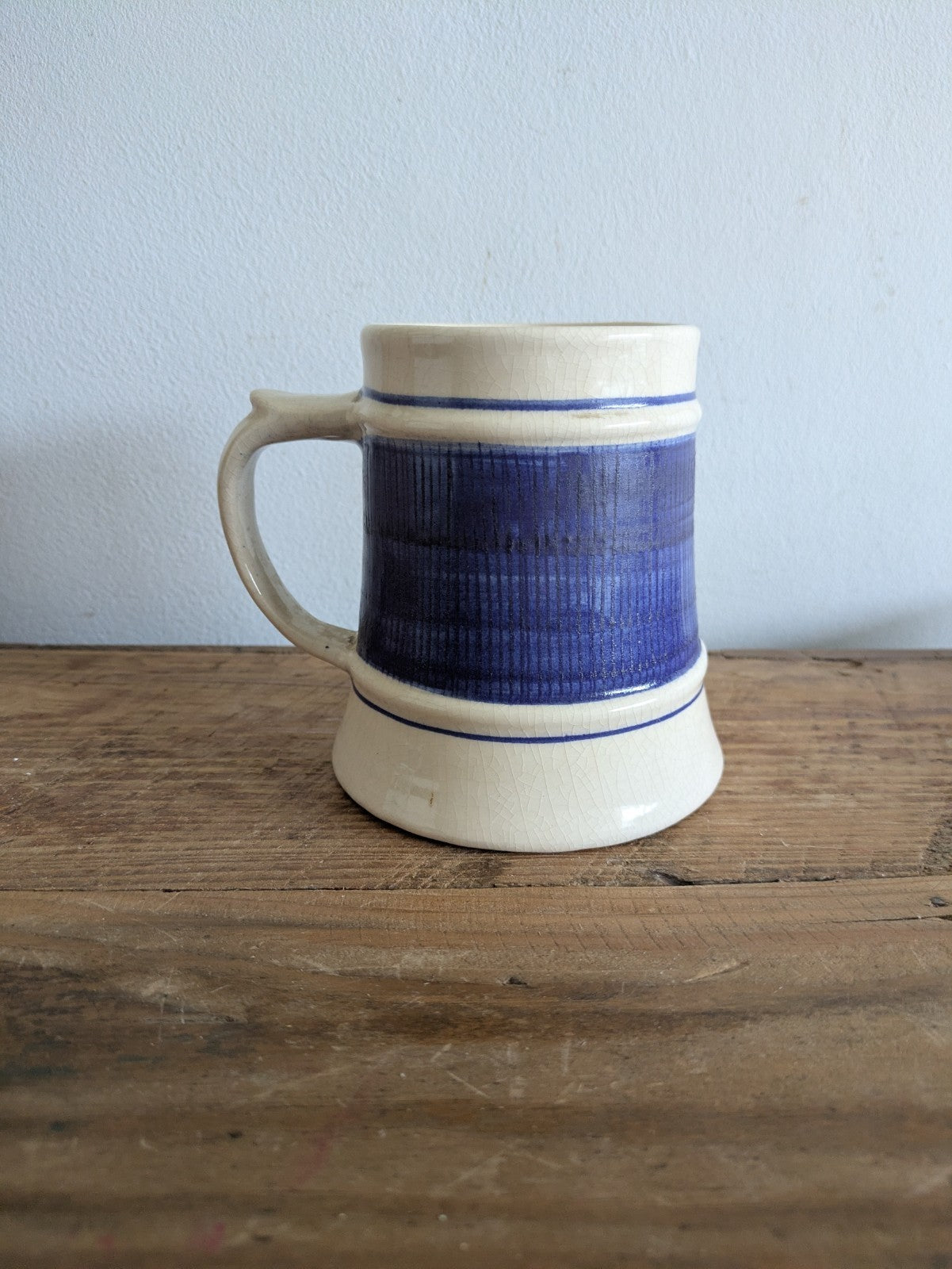 VTG Honiton Devon Pottery Blue White Crazed Mug Made in England Tankard Props Vg