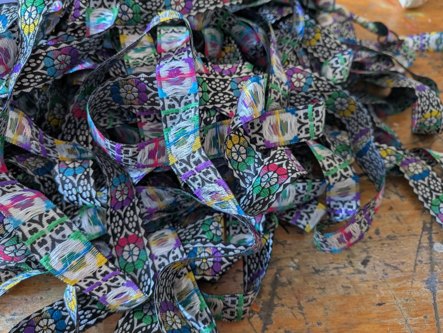 Jacquard Ribbon Black Dotty Roll Patterned Floral Multicoloured Black Trim Craft