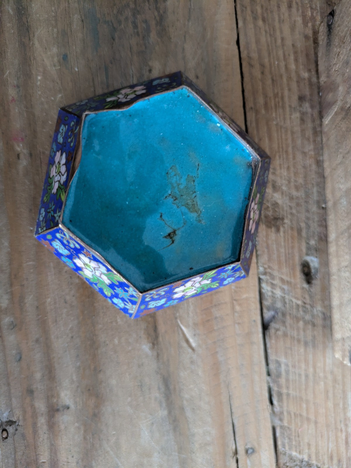 Superb Japanese Cloisonne Enamel Hexagon Shaped Box Blue Floral Vintage Pot Vgc