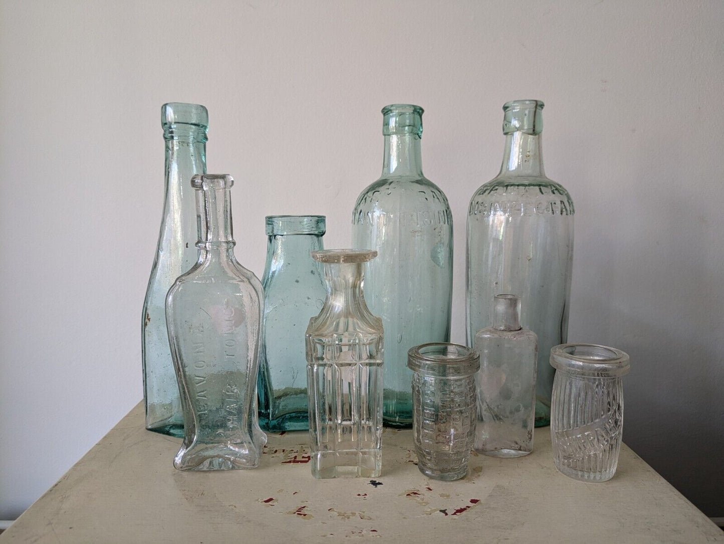 9x XL Antique Vintage Glass Bottles vase original apothecary teal disinfectant 