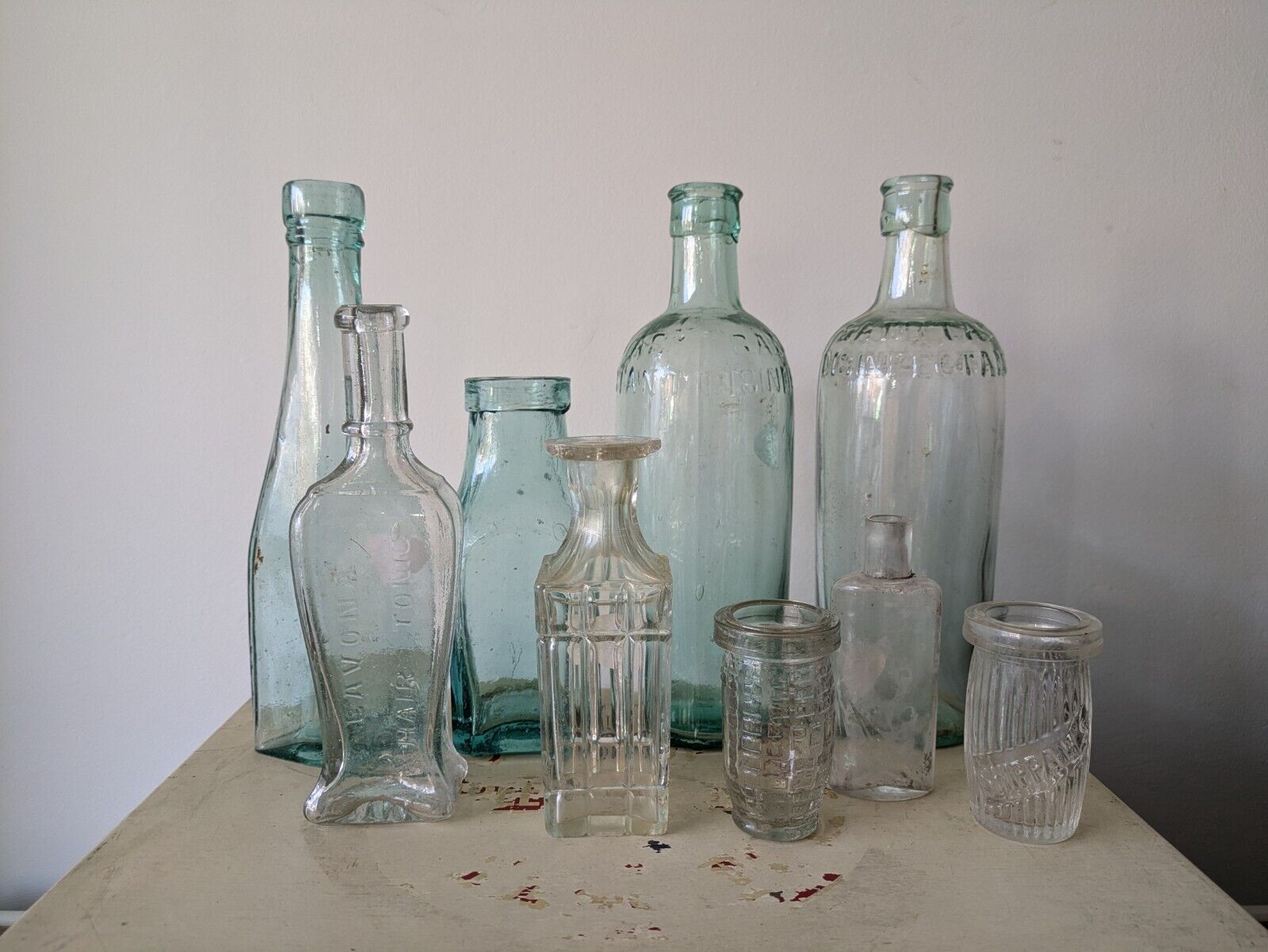 9x XL Antique Vintage Glass Bottles vase original apothecary teal disinfectant 
