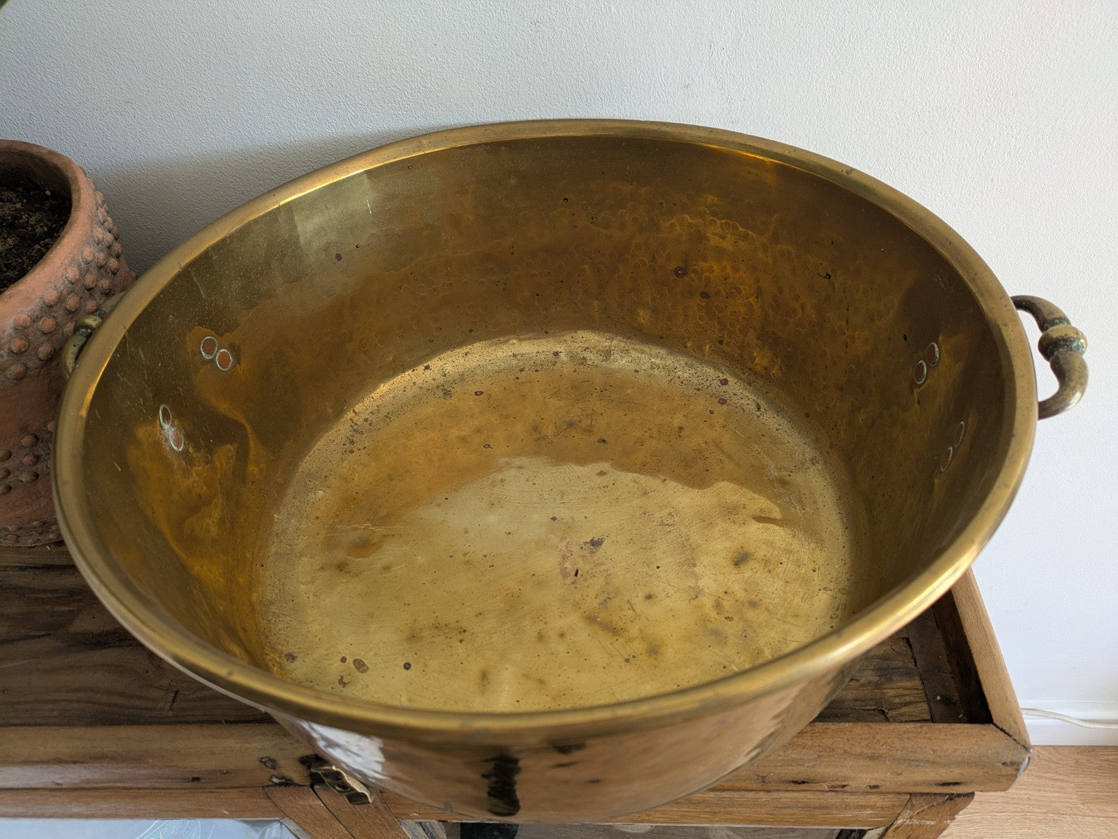 Antique 19thC Victorian Brass Pot Pan Double Handles Giant XL Size Chef Kitchen