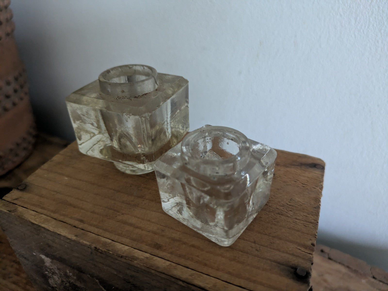 2x Antique Glass Ink Well Desk Study Display C.1900 Prop Edwardian Cube Pair Old