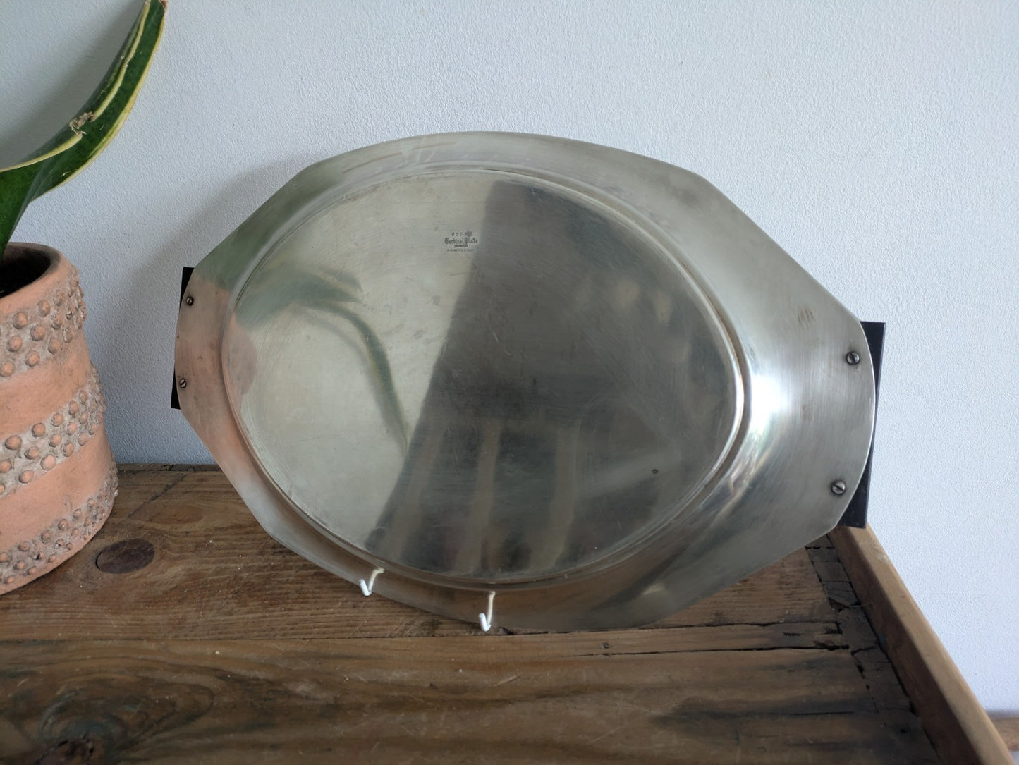 Elkington & Co Antq Silver Cardinal Plated Butler Serving Tray Deco Wood Handles