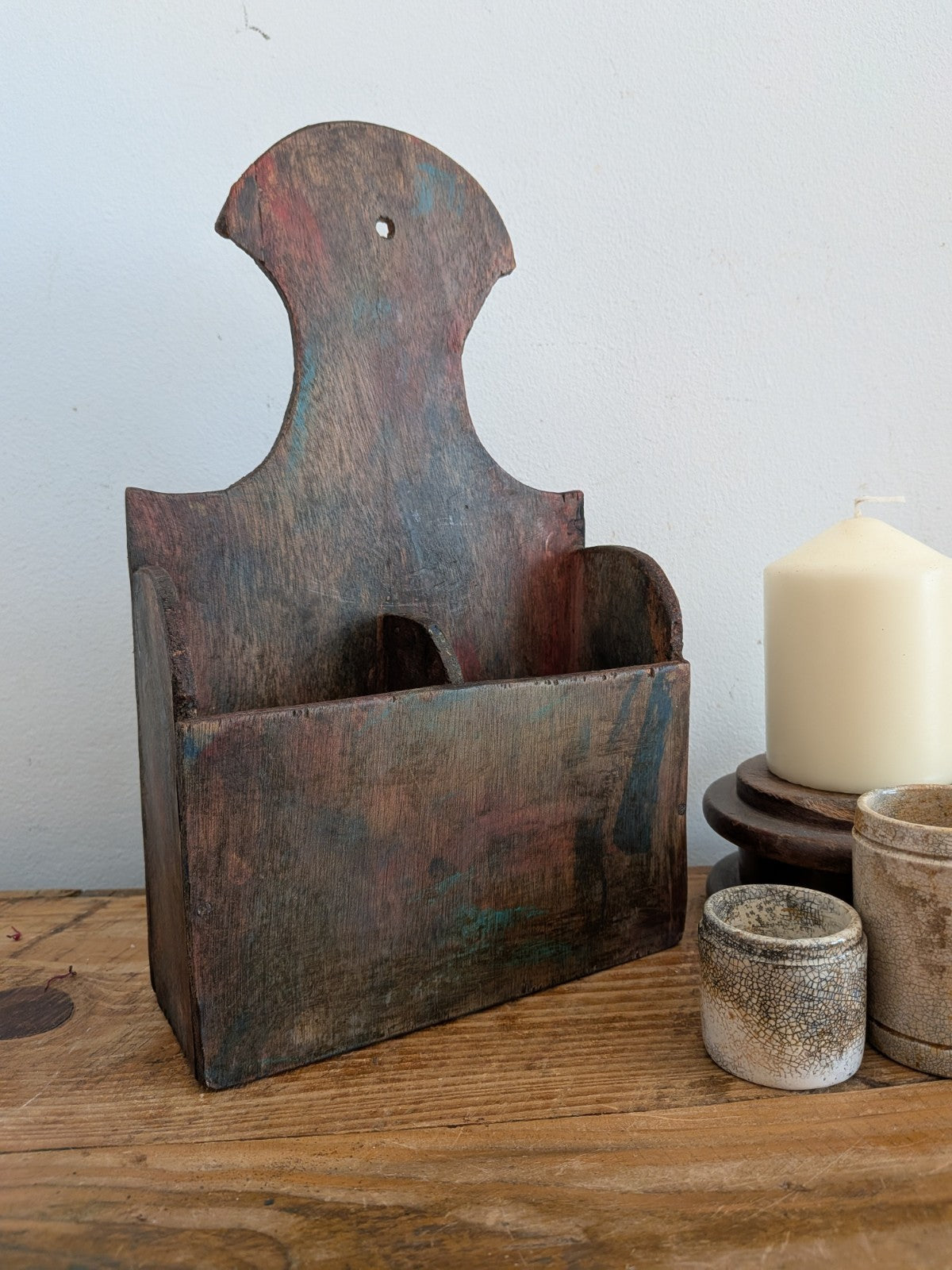 Rustic Wooden Country House Candle Box Wall Sconce Paint Brush Holder VTG Style 