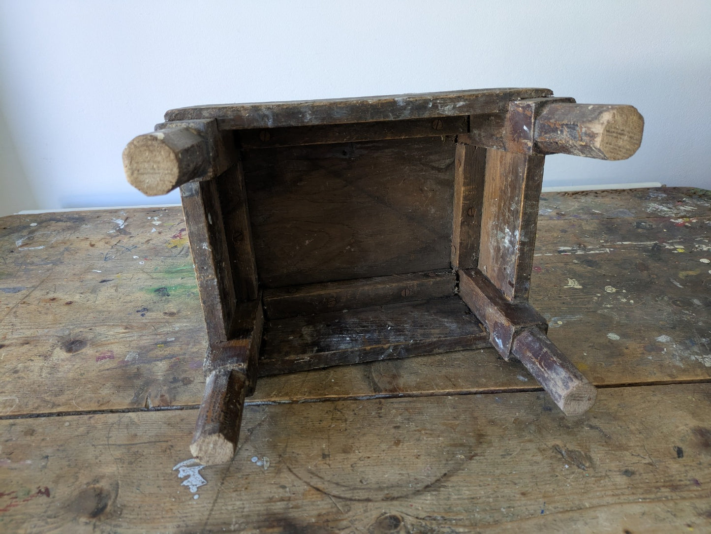 Antique Vintage Painters Stool Bench Wooden Seat Worn Distressed Artist Chippy 