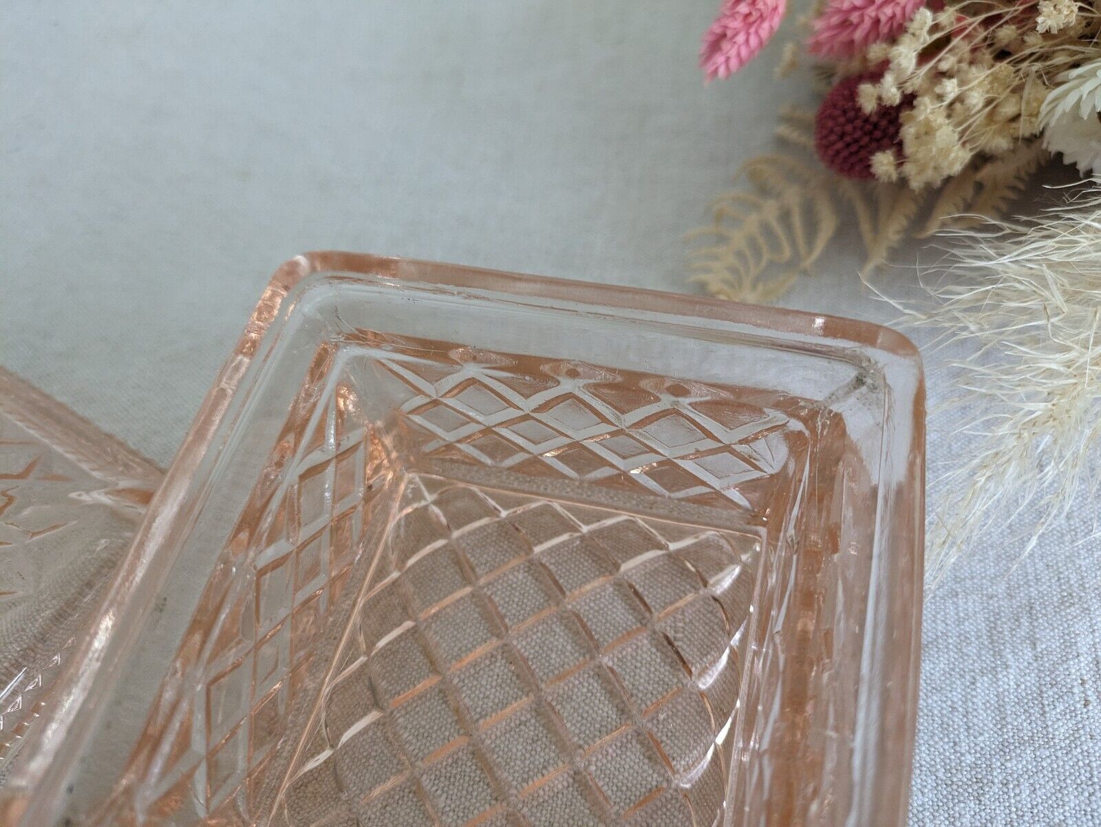 Vintage Art Deco Pink Single Glass Candlestick Quilted Dish Trinket Box Rare Vgc