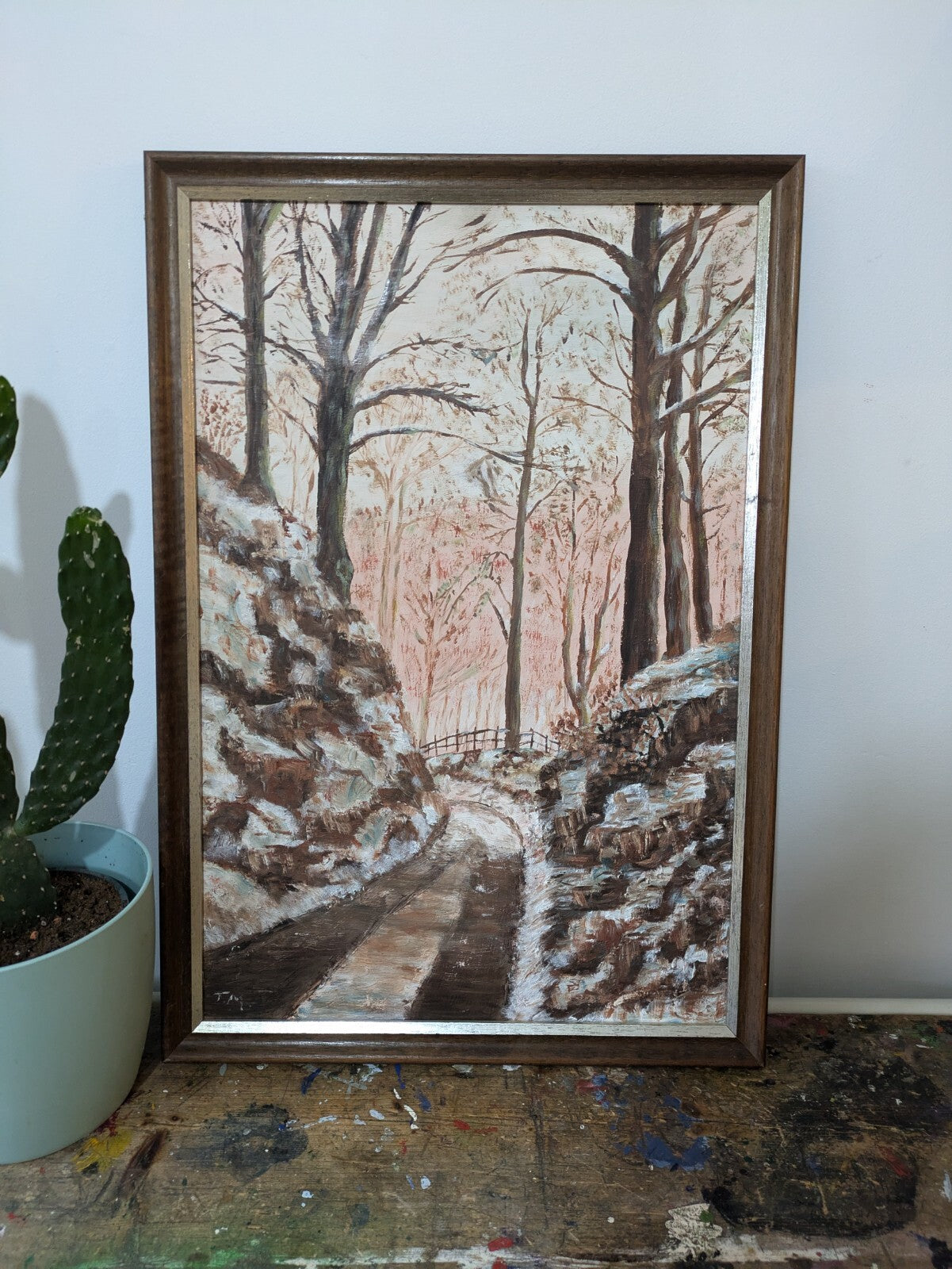 Vtg Painting Wood T Morris Forrest Winter Road Trees Country Picture Landscape