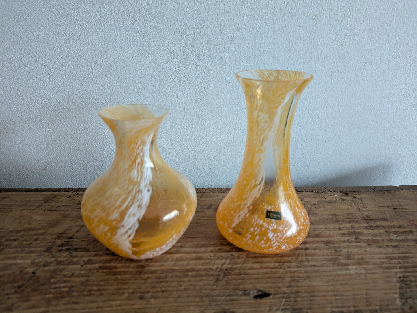 2x Handcrafted Yellow Orange Swirl Glass Vase Caithness Scotland Confetti Swirl