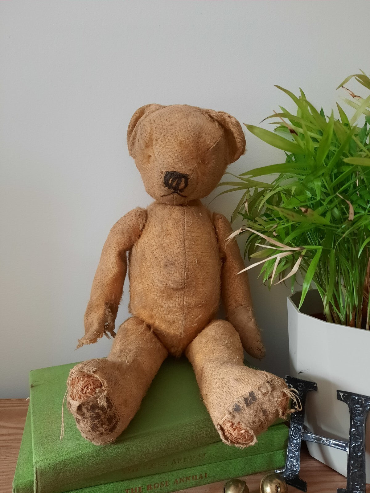 Antique Jointed Old Mohair Teddy Bear straw stuffed vintage RARE worn toy play